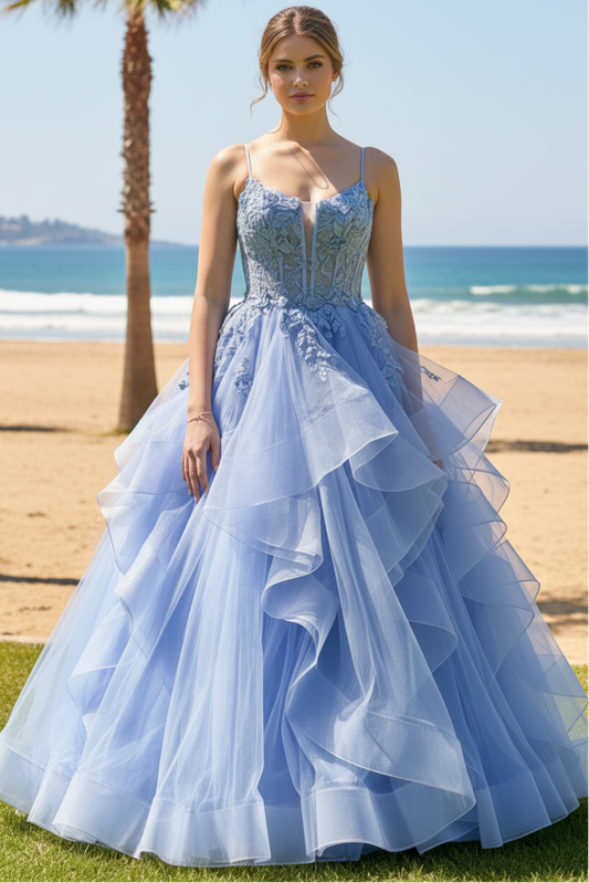 V-Neck Spaghetti Straps Sleeveless Floor-Length Applique Tulle Tiered A-Line Prom Dress