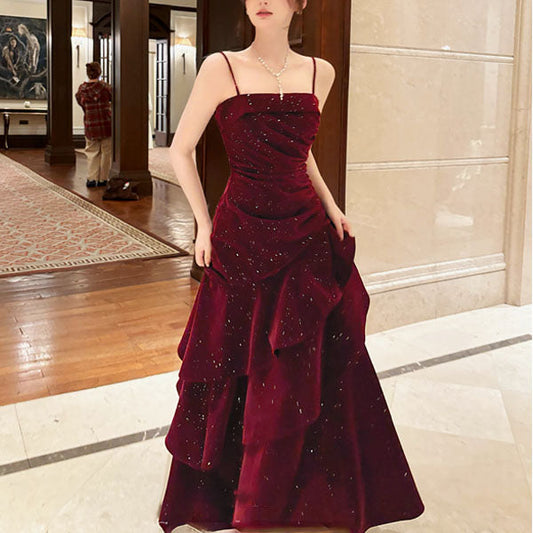 Tube Top Spaghetti Straps Fully Sequined Ruffled Velvet Pleated Tiered A-Line Prom Dress