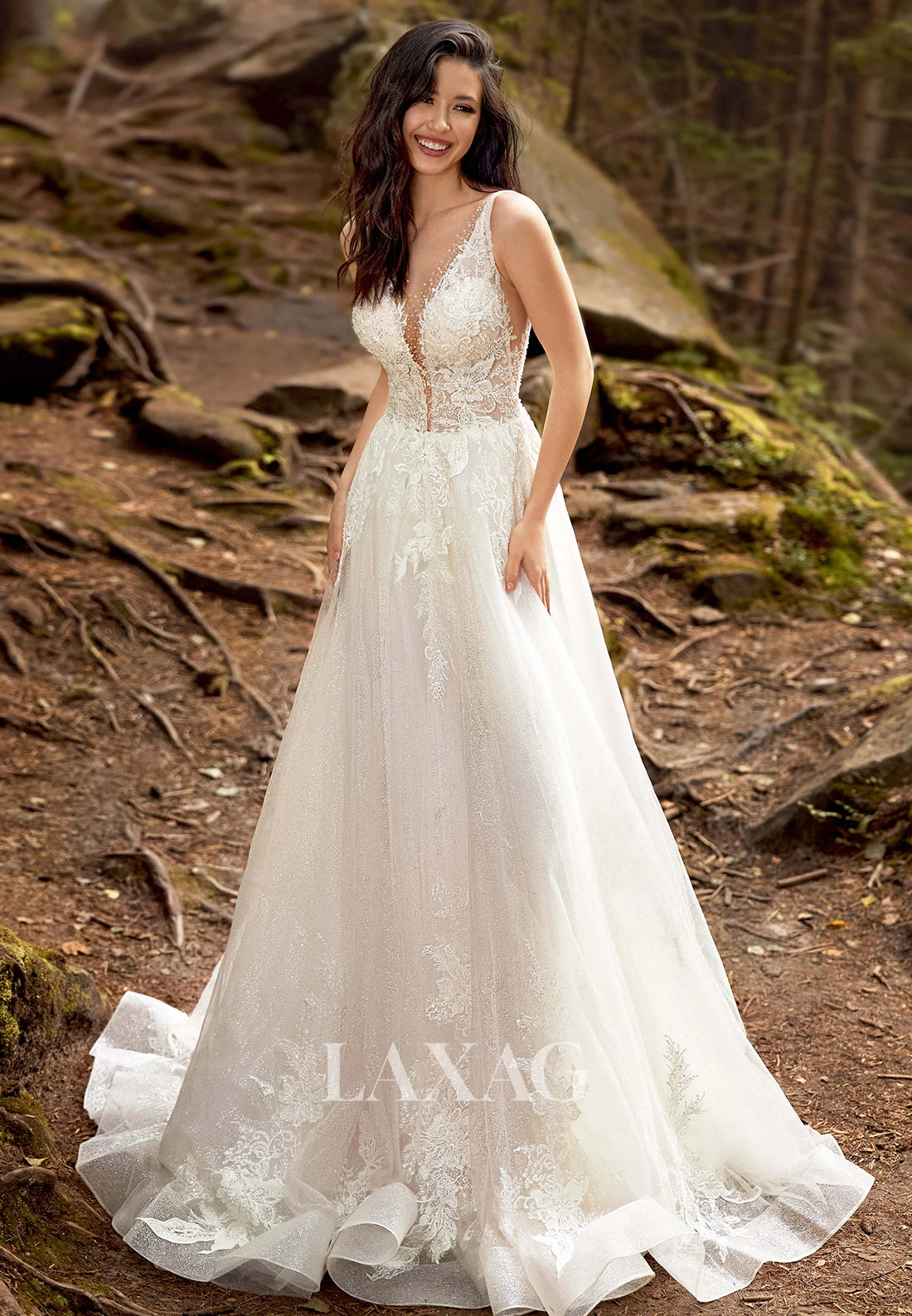 Plunging Illusion Straps Sleeveless Bride Gowns Beaded Applique Glitter-Knit A-Line Wedding Dress