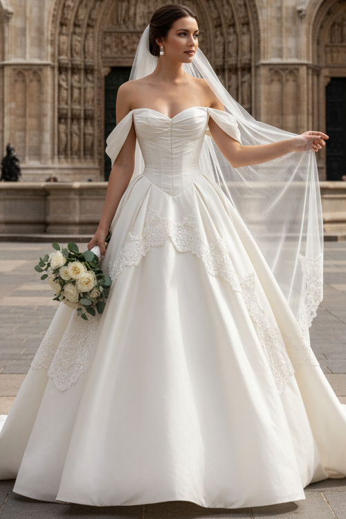 Sweetheart Off-Shoulder Sleeveless Satin Pleated High Slit A-Line Wedding Dress