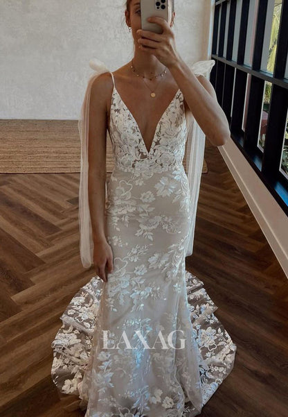 Deep V-Neck Off-Shoulder Sleeveless Lace Applique Cutout Mermaid Wedding Dress with Sweep Train