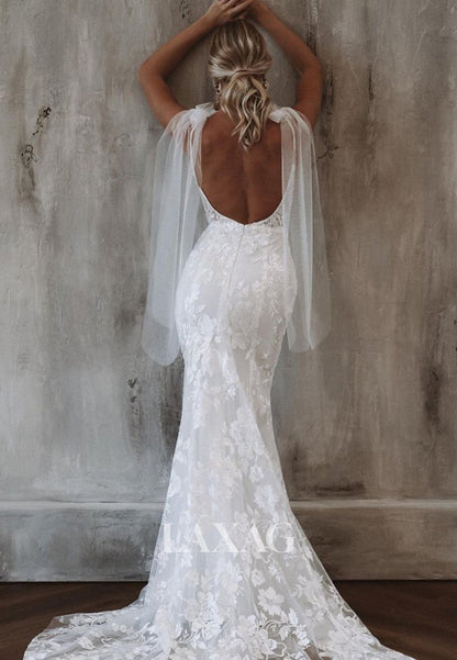 Deep V-Neck Off-Shoulder Sleeveless Lace Applique Cutout Mermaid Wedding Dress with Sweep Train