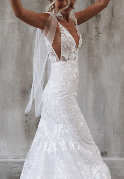 Deep V-Neck Off-Shoulder Sleeveless Lace Applique Cutout Mermaid Wedding Dress with Sweep Train