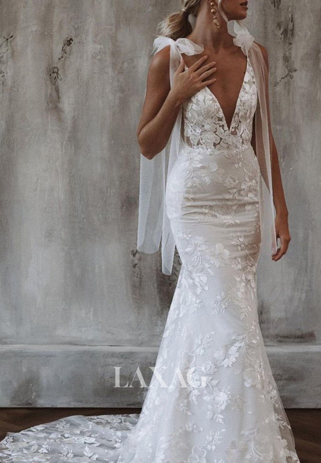 Deep V-Neck Off-Shoulder Sleeveless Lace Applique Cutout Mermaid Wedding Dress with Sweep Train