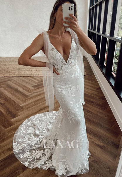 Deep V-Neck Off-Shoulder Sleeveless Lace Applique Cutout Mermaid Wedding Dress with Sweep Train