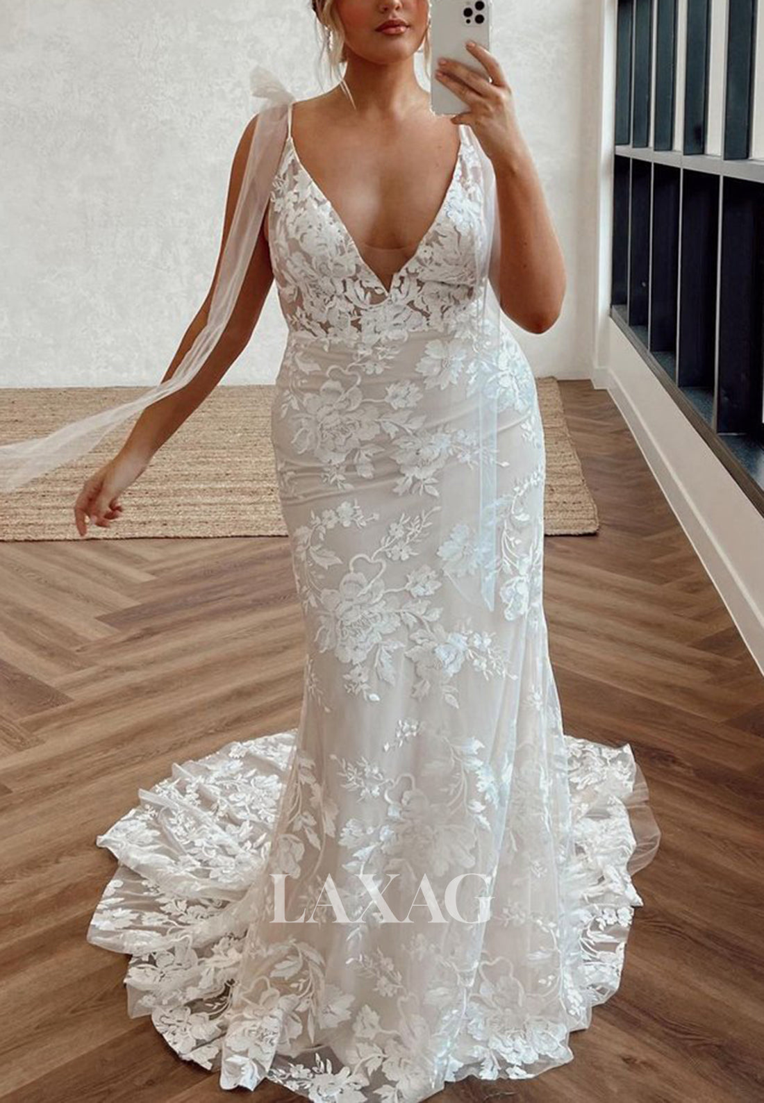 Deep V-Neck Off-Shoulder Sleeveless Lace Applique Cutout Mermaid Wedding Dress with Sweep Train