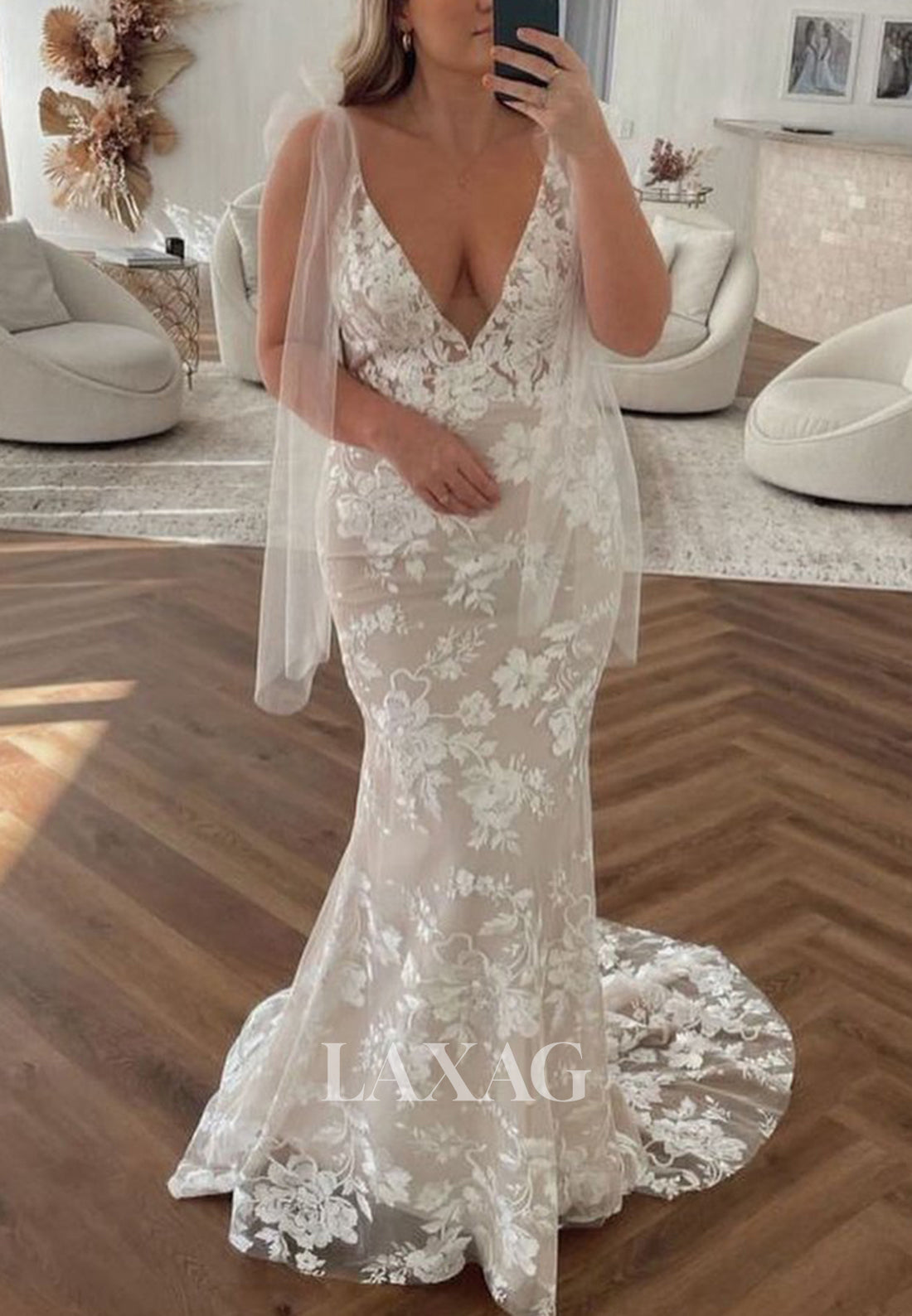 Deep V-Neck Off-Shoulder Sleeveless Lace Applique Cutout Mermaid Wedding Dress with Sweep Train