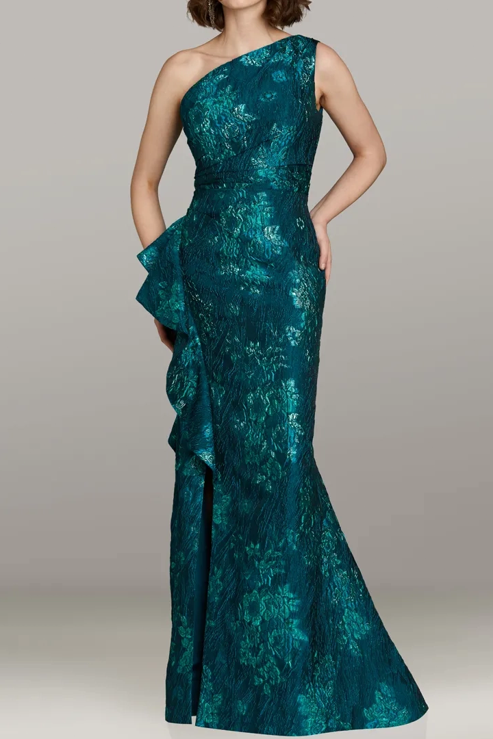 Asymmetrical-Neck Sleeveless Jacquard Satin Floor-Length Mermaid Formal Cocktail Dress