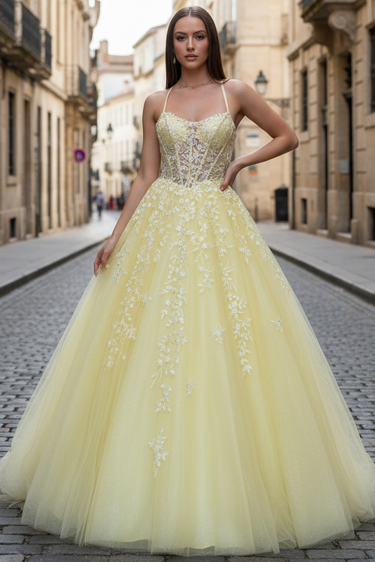 Sweetheart Spaghetti Straps Lace Applique Tulle Pleated Floor-length A-Line Prom Dress