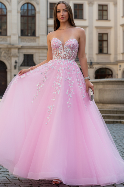Sweetheart Off-Shoulder Sequined Applique Tulle Pleated Floor-Length A-Line Prom Dress