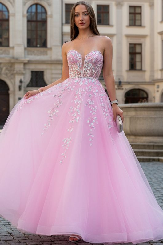 Sweetheart Off-Shoulder Sequined Applique Tulle Pleated Floor-Length A-Line Prom Dress