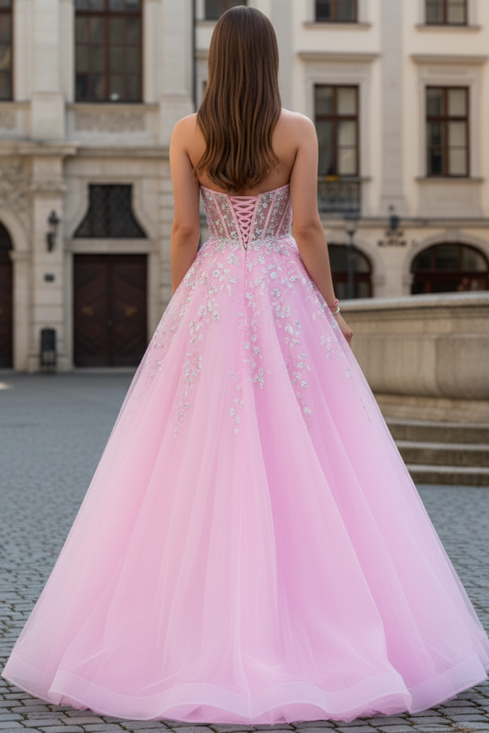 Sweetheart Off-Shoulder Sequined Applique Tulle Pleated Floor-Length A-Line Prom Dress