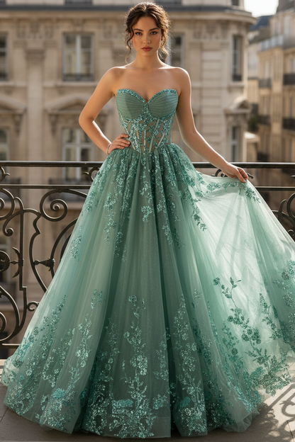 Off-Shouldert Sweetheart Sequined Applique Tulle Pleated Floor-Length A-Line Prom Dress