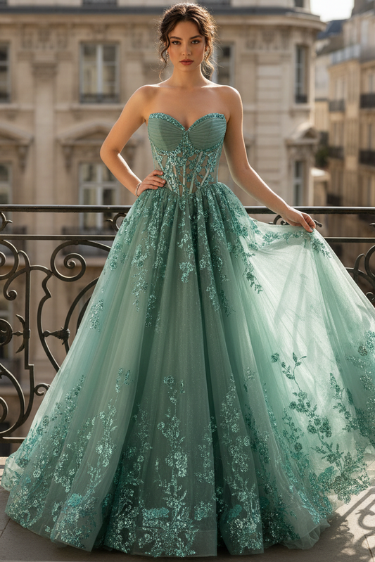 Off-Shouldert Sweetheart Sequined Applique Tulle Pleated Floor-Length A-Line Prom Dress