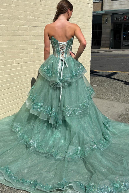 Off-Shouldert Sweetheart Sequined Applique Tulle Pleated Floor-Length A-Line Prom Dress