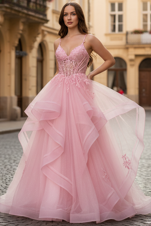 V-Neck Spaghetti Straps Sleeveless Applique Tulle Pleated Tiered A-Line Prom Dress