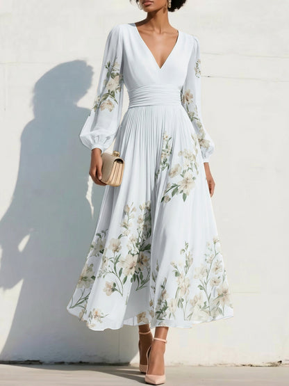 V-Neck Long-Sleeves Print-Chiffon Pleated Tea-Length A-Line Mother of the Bride Dress