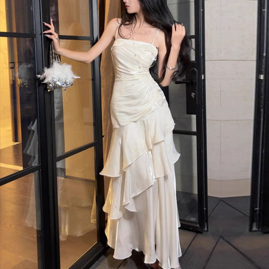 Off-Shoulder Tube Top Spaghetti Straps Floor-Length Chiffon Pleated Tiered Fitted Prom Dress