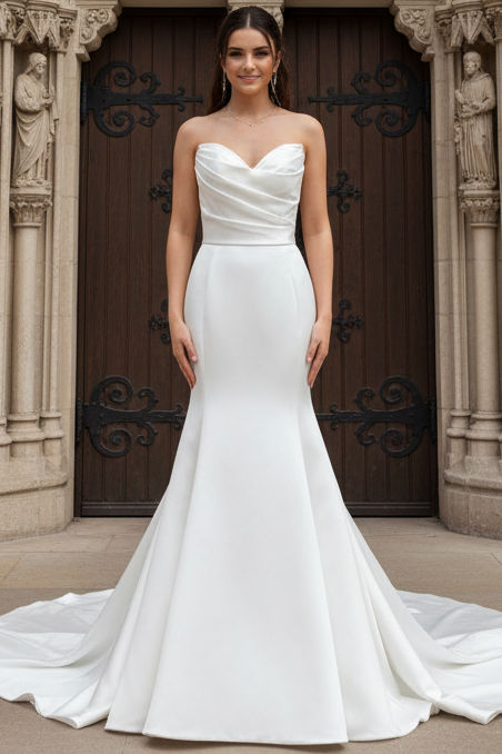 Sweetheart Off-Shoulder Sleeveless Satin Pleated Mermaid Wedding Dress with Train