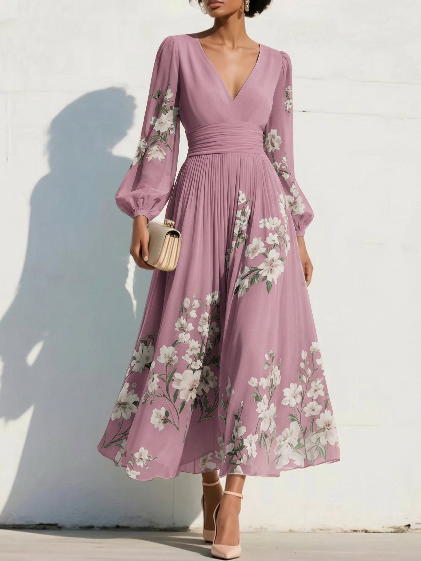 V-Neck Long-Sleeves Print-Chiffon Pleated Tea-Length A-Line Mother of the Bride Dress