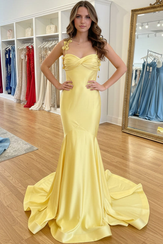 Sweetheart Spaghetti Straps Sleeveless 3D-Florals Satin Mermaid Prom Dress with Sweep Train