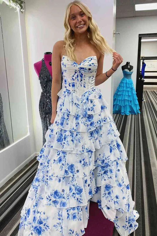 A-Line Sweetheart Off-Shoulder Sleeveless Print-Chiffon Pleated Tiered Prom Dress with Slit