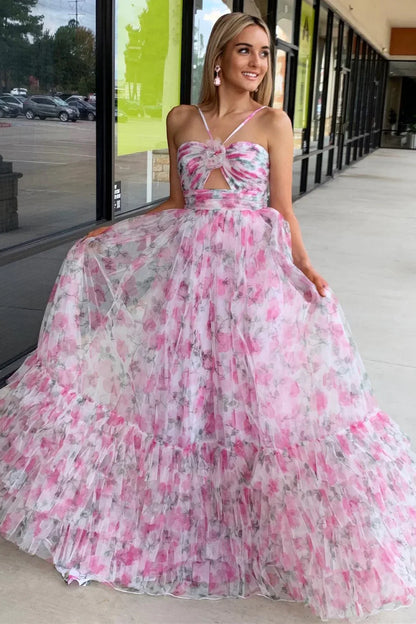 Halter Tube Top Off-Shoulder Sleeveless Pleated Print-Tulle A-Line Party Prom Dress