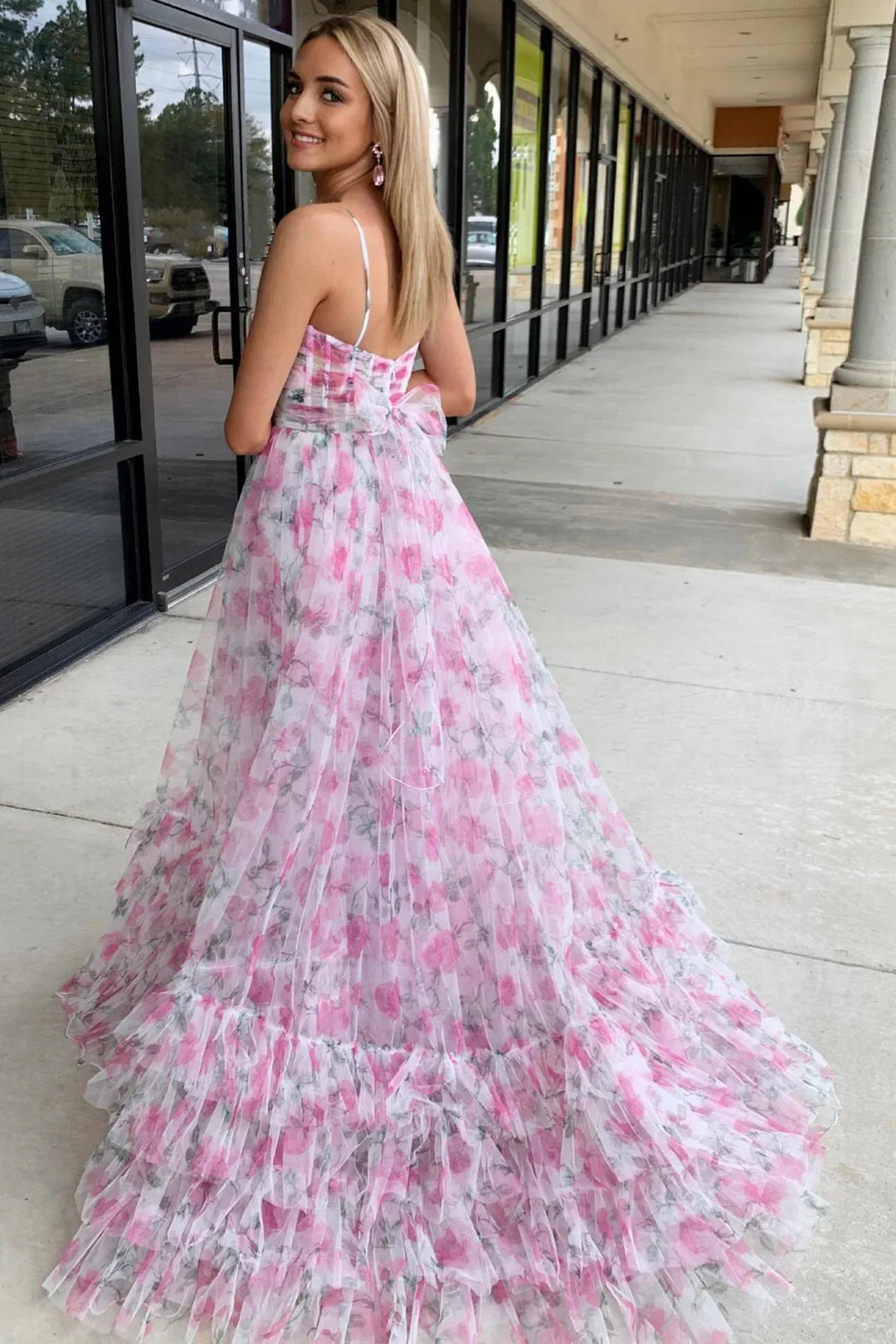 Halter Tube Top Off-Shoulder Sleeveless Pleated Print-Tulle A-Line Party Prom Dress