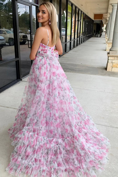 Halter Tube Top Off-Shoulder Sleeveless Pleated Print-Tulle A-Line Party Prom Dress