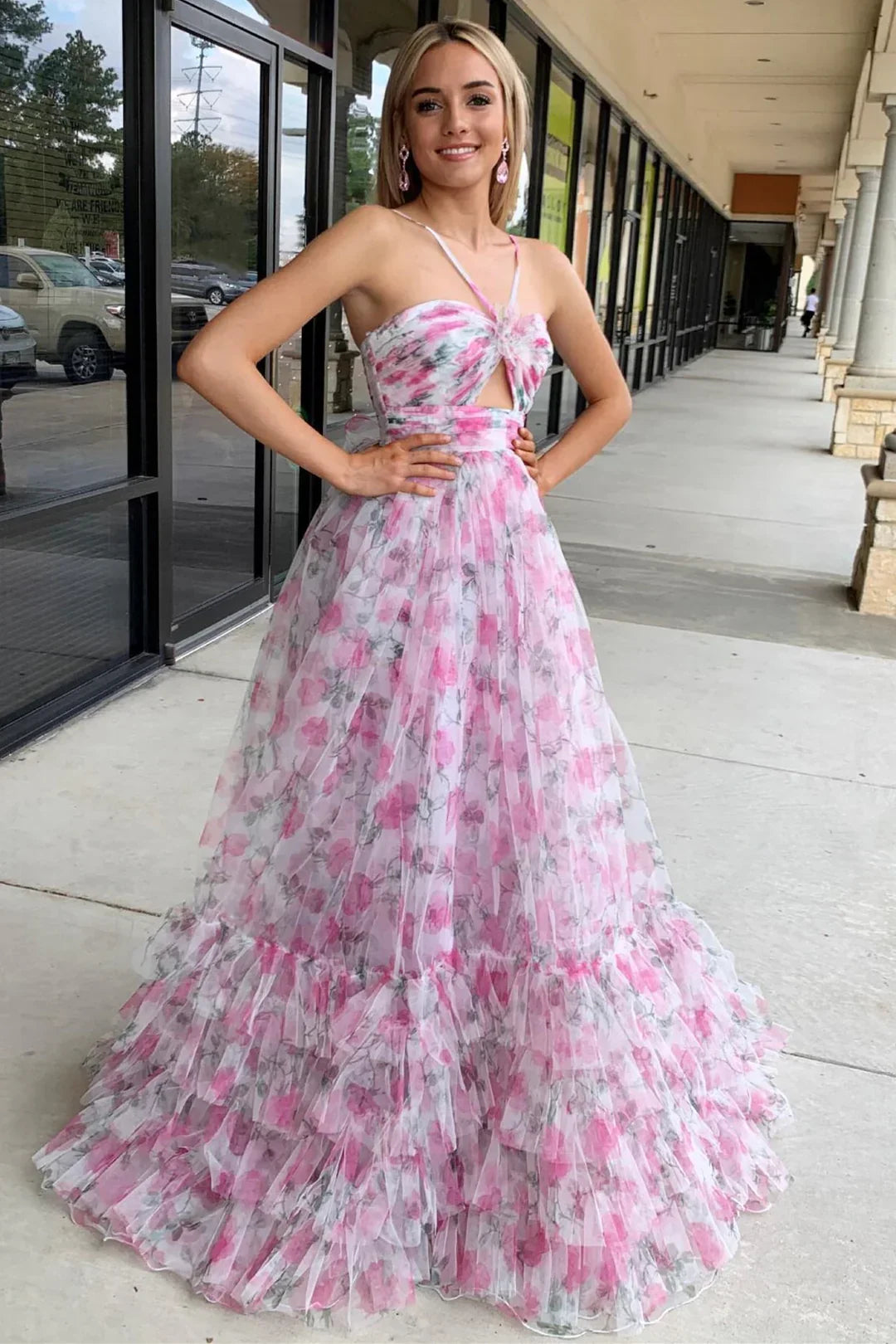 Halter Tube Top Off-Shoulder Sleeveless Pleated Print-Tulle A-Line Party Prom Dress