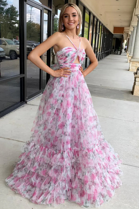 Halter Tube Top Off-Shoulder Sleeveless Pleated Print-Tulle A-Line Party Prom Dress