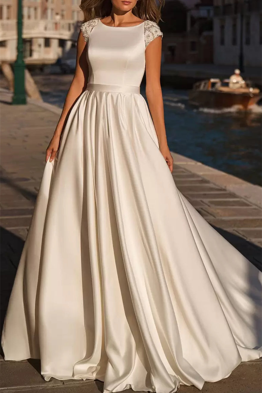 A-Line  Scoop-Neck Cap-Sleeves Jacquard Beaded Satin Pleated Floor-Length Wedding Dress