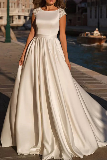 A-Line  Scoop-Neck Cap-Sleeves Jacquard Beaded Satin Pleated Floor-Length Wedding Dress