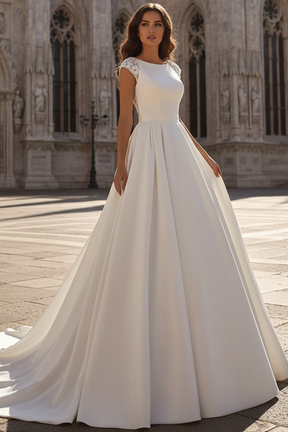 A-Line  Scoop-Neck Cap-Sleeves Jacquard Beaded Satin Pleated Floor-Length Wedding Dress
