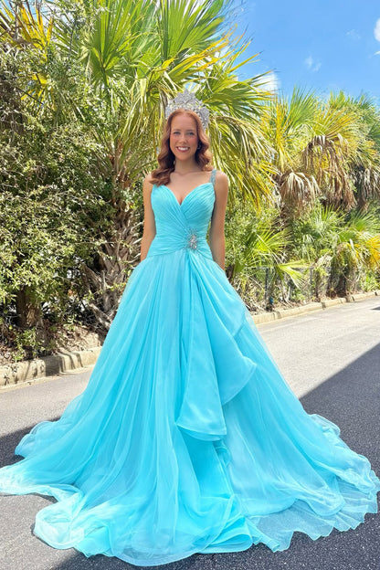 A-Line V-Neck Spaghetti Straps Sleeveless Chiffon Pleated Tiered Long Prom Dress