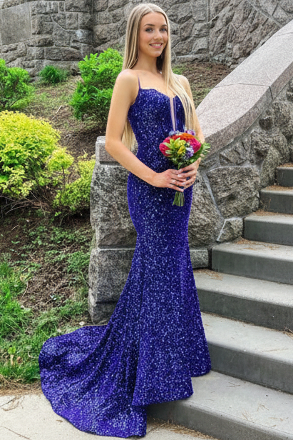 Sweetheart Spaghetti Straps Fully Sequined Beaded Mermaid Prom Dress with Sweep Train