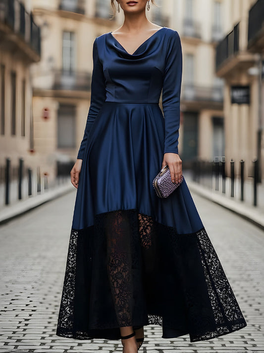 V-Neck Long-Sleeves Floor-Length Satin&Lace Pleated A-Line Formal Evening Dress