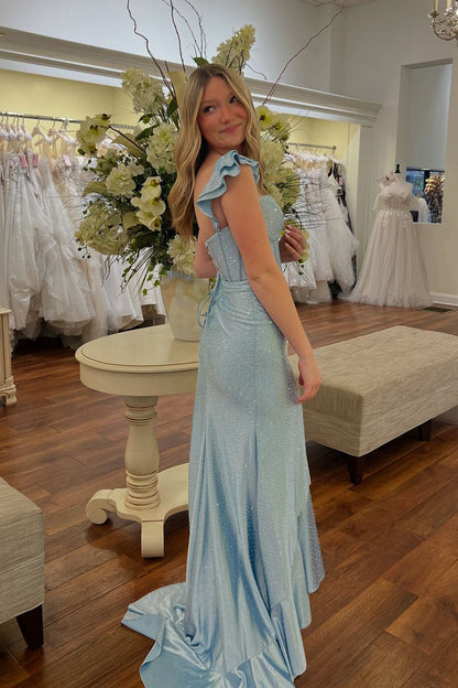 Sweetheart Fully Beaded Ruffled Satin Mermaid Prom Dress Straps Sleeveless Slit Party Gowns