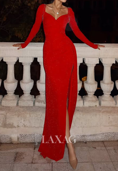 V-Neck Long Sleeves Beaded Mermaid Prom Dress Glitter-Knit Pleated Formal Gowns with Sweep Train