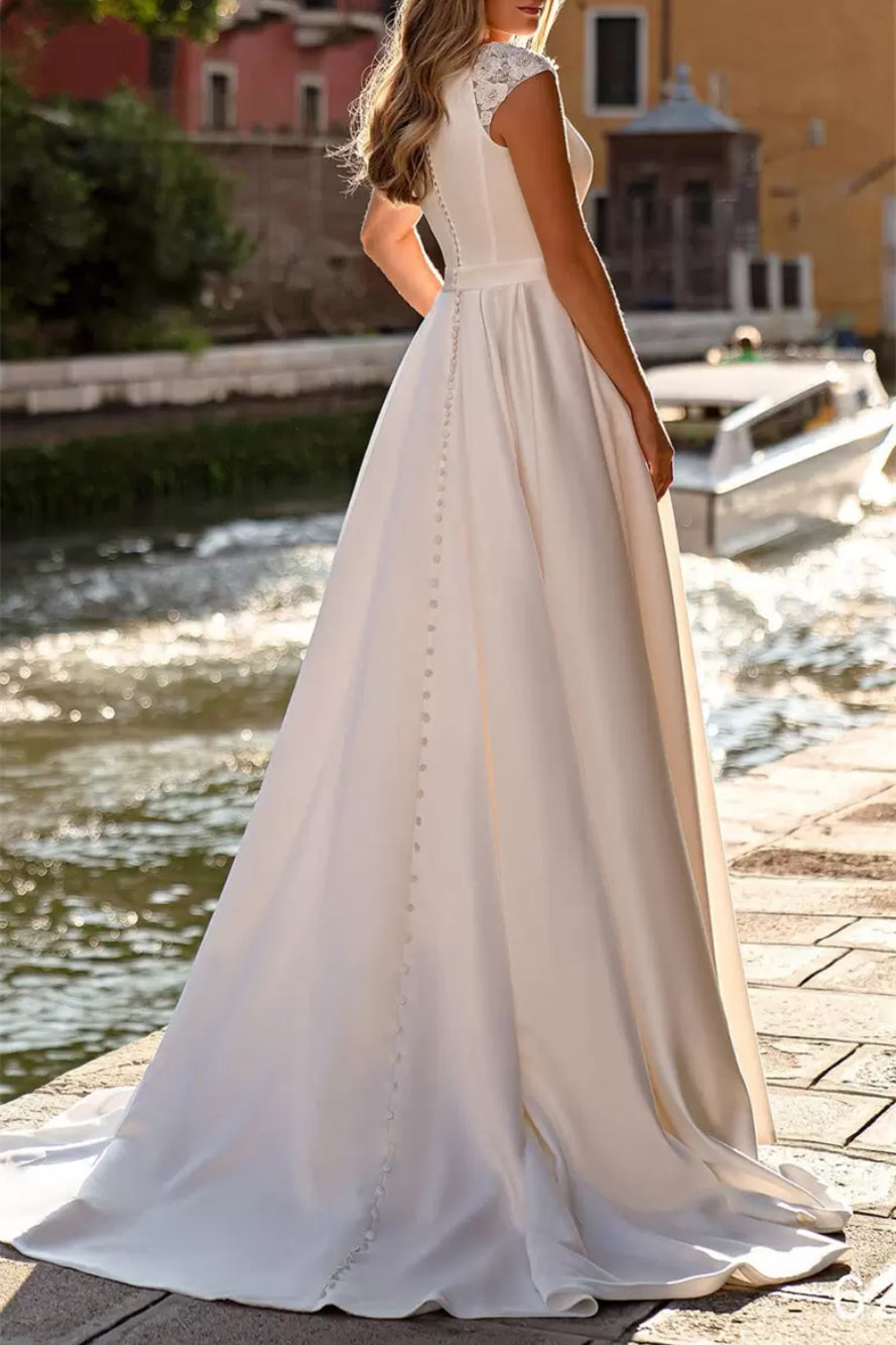 A-Line  Scoop-Neck Cap-Sleeves Jacquard Beaded Satin Pleated Floor-Length Wedding Dress