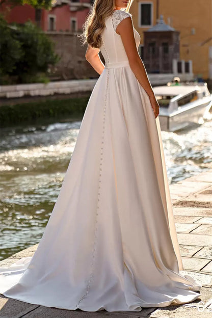 A-Line  Scoop-Neck Cap-Sleeves Jacquard Beaded Satin Pleated Floor-Length Wedding Dress
