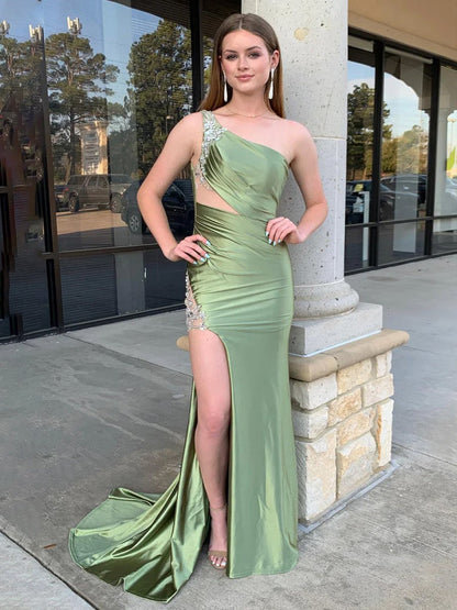 One-Strap Sleeveless Beaded Slit Party Gowns Asymmetrical-Neck Satin Mermaid Prom Dress
