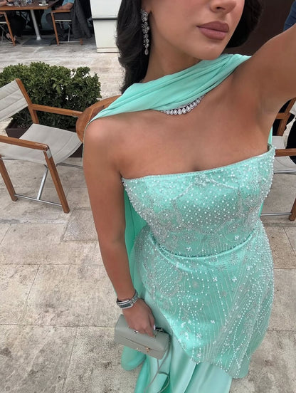 Tube Tops Sleeveless Sequined Beaded Satin Pleated Floor-Length A-Line Prom Dress