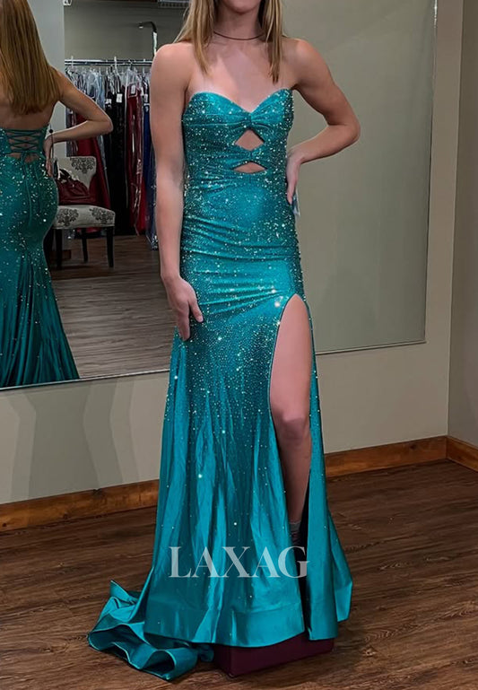 Sweetheart Sleeveless Cutout Mermaid Prom Dress Off-Shoulder Fully Beaded Pleated Satin Formal Gowns