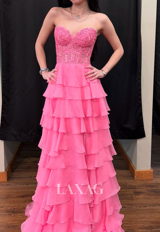 Off-Shoulder Sweetheart Sleeveless Party Gowns Applique Beaded Pleated Tiered Fitted Prom Dress