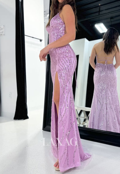 Spaghetti Straps V-Neck Off-Shoulder Sleeveless Beaded Fully Sequined Pleated Mermaid Prom Dress