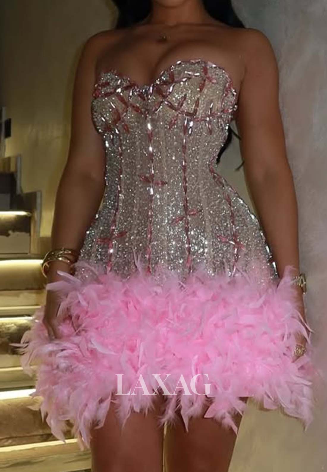 Sweetheart Sleeveless Fully Sequined Rhinestone Feathered Mermaid Homecoming Dress