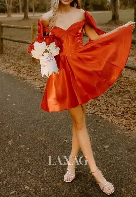 Sweetheart Off-Shoulder Sleeveless Satin A-Line Party Homecoming Dress with Bows