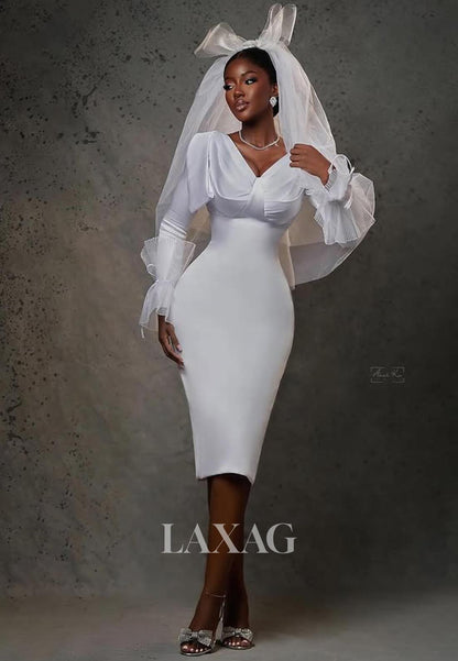 V-Neck Long-Sleeves Short Beach Bride Gowns Pleated Satin Tea-Length M Laxag V-Neck Long-Sleeves Short Beach Bride Gowns Pleated Satin Tea-Length M Laxag