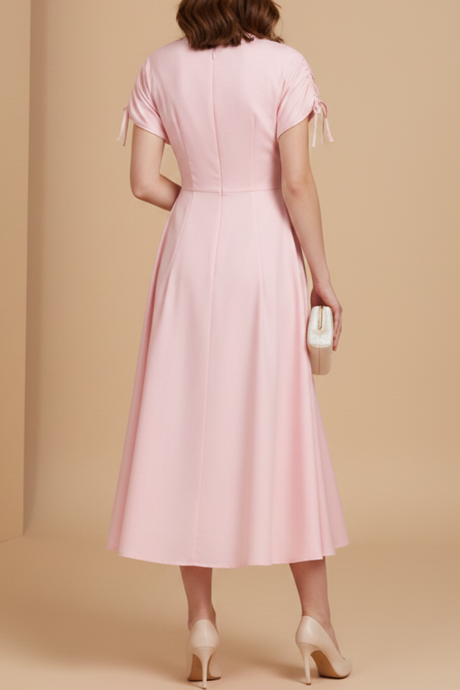 V-Neck Short Sleeve Midi Dress with Floral Applique
